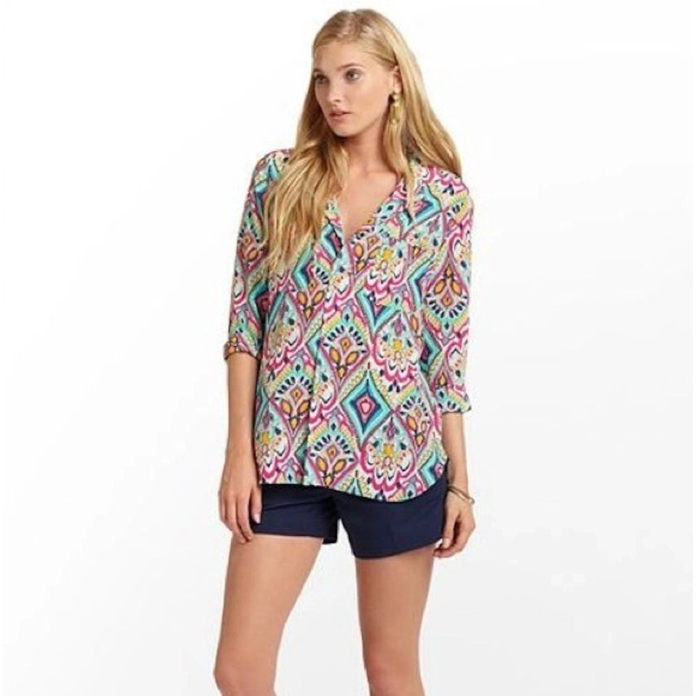 LILLY‎ PULITZER Crown Jewels Boston Top 100% Silk Colorful Pockets Size Medium